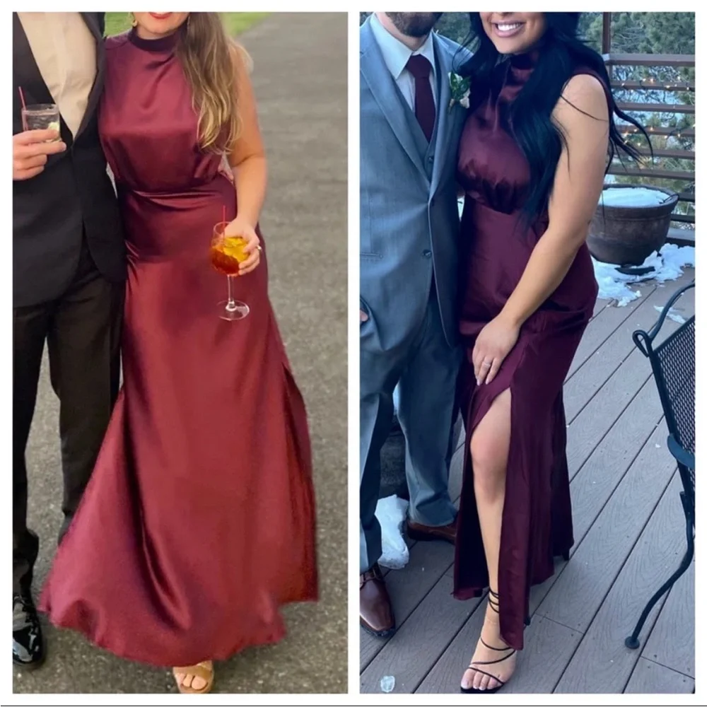 Lulus Classic Elegance Wine Satin Sleeveless Mock Neck Maxi Dress - Picture 7 of 12